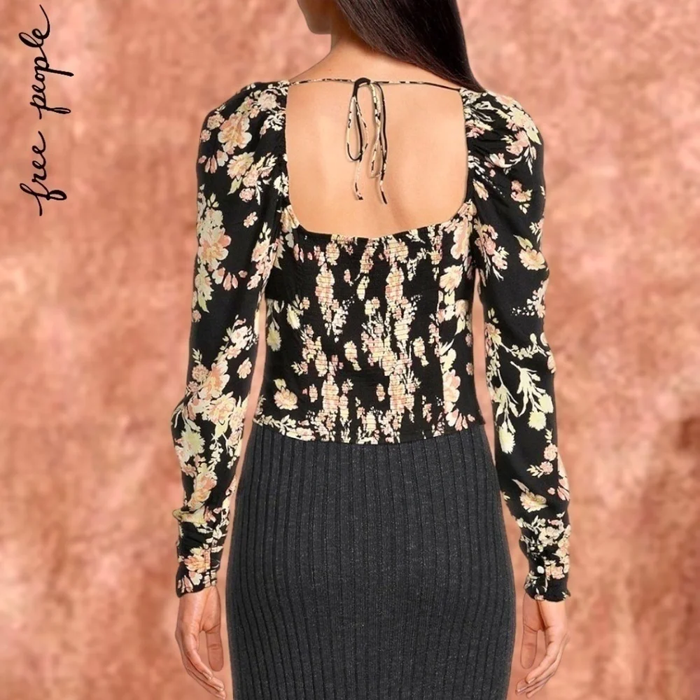 FREE PEOPLE Hilary Square-Keyhole-Neck Long Sleeve Ruch-Smock Details Top Lg